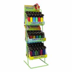 Easy Torch Lighters Pre-Pack Display with 3-tier shelves with translucent and neoprene torch lighters. Assorted colors.