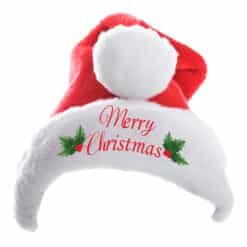 A red and white Santa hat with Merry Christmas sewn on brim.