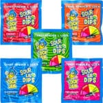 Xtreme Lock Jaw Lil Dips Candy Powder 0.31oz packets in 5 flavors of Cherry, Blue Raspberry, Strawberry, Green Apple, Orange showing the front of each packet.