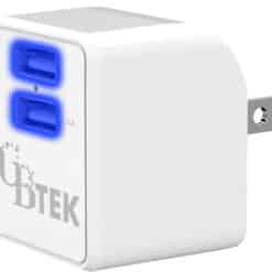 Dual Port wall charger with 1 USB-A and 1 USB-A 2.4A in color white with ports glowing.