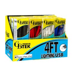 CBTEK Lightning to USB 4ft display angled with 4 colors black, red, white and royal blue.