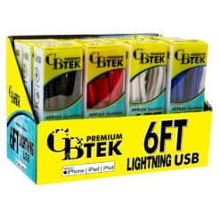 CBTEK Premium 6 foot MFI certified Lightning to USB charging cables. Display shows cables come in 4 colors of solid black, bright red, white, and royal blue.