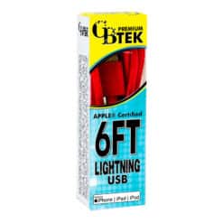 CBTEK Premium 6 foot MFI certified Lightning to USB charging cable in bright red color.