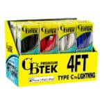 CBTEK Premium 4 foot Type C to MFI certified Lightning charging cables. Display shows cables come in 4 colors of solid black, bright red, white, and royal blue.