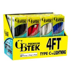 CBTEK Premium 4 foot Type C to MFI certified Lightning charging cables. Display shows cables come in 4 colors of solid black, bright red, white, and royal blue.