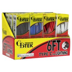 CBTEK Type C to Lightning 6ft display angled with 4 colors black, red, white and royal blue.