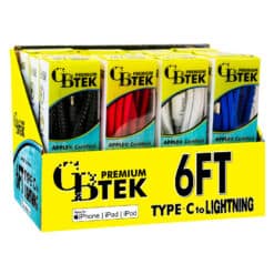 CBTEK Premium 6 foot Type C to MFI certified Lightning charging cables. Display shows cables come in 4 colors of solid black, bright red, white, and royal blue.