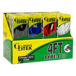 CBTEK Type C to USB 2.0 4ft display angled with 4 colors black, red, white and royal blue.