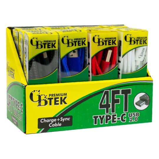 CBTEK Type C to USB 2.0 4ft display angled with 4 colors black, red, white and royal blue.