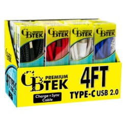 CBTEK Premium 4 foot Type C to USB 2.0 charging cables. Display shows cables come in 4 colors of solid black, bright red, white, and royal blue.