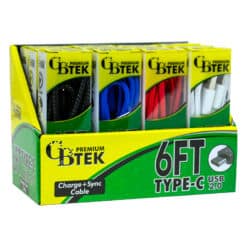 CBTEK Type C to USB 2.0 6ft display angled with 4 colors black, red, white and royal blue.