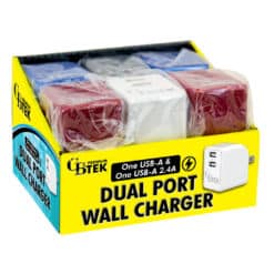 Dual Port wall charger with 1 USB-A and 1 USB-A 2.4A. Display includes 4 colors of red, white, blue and black.