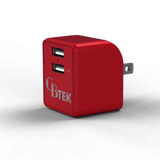 Dual Port wall charger with 1 USB-A and 1 USB-A 2.4A in color red.