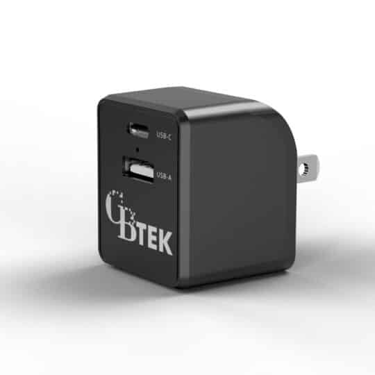 Dual Port wall charger with 1 USB-A and 1 USB-C in black color.