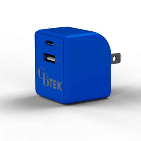 Dual Port wall charger with 1 USB-A and 1 USB-C in bright blue color.