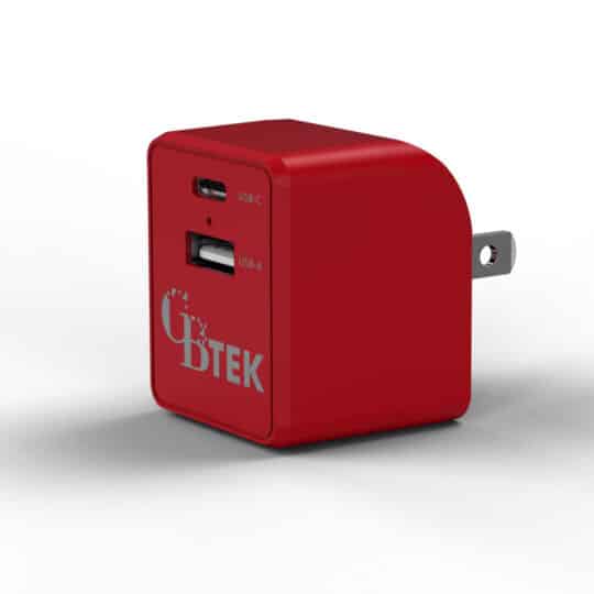 Dual Port wall charger with 1 USB-A and 1 USB-C in red color.