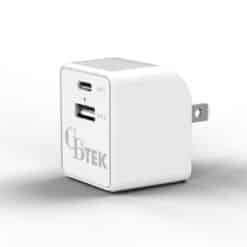 Dual Port wall charger with 1 USB-A and 1 USB-C in white color.