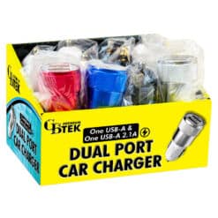 Dual Port car chargers with 1 USB-A and 1 USB-A 2.1A. Display includes 4 colors of metallic red, blue, silver, and black.