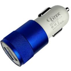 Dual Port car charger with 1 USB-A and 1 USB-A 2.1A in metallic blue color.