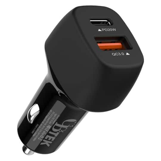 Dual Port car charger with 1 USB-C 20W and 1 USB-A QC3.0 in color black.