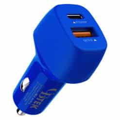 Dual Port car charger with 1 USB-C 20W and 1 USB-A QC3.0 in color blue.