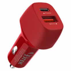 Dual Port car charger with 1 USB-C 20W and 1 USB-A QC3.0 in color red.