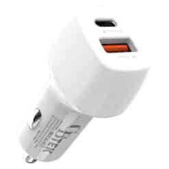 Dual Port car charger with 1 USB-C 20W and 1 USB-A QC3.0 in color white.