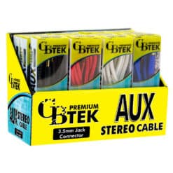 CBTEK Premium Aux Cables Display containing 4 colors black, red, white and blue. Each cable has a 3.5mm jack connector.
