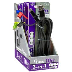 CBTEK 3-in-1 universal charging cable with USB, Lightning and Type C. 10 foot long.