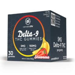 Cannabis Life 150mg Delta 9 THC Strawnana Gummies Sealable Jar box front angled view.