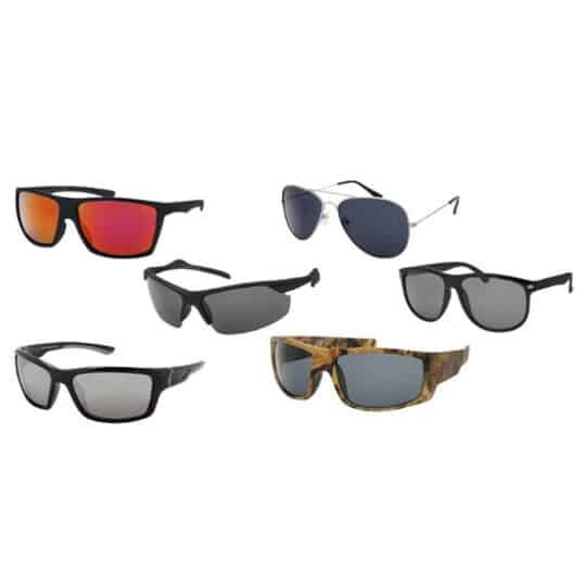 Six styles of individual sunglasses shown that are in the counter display.