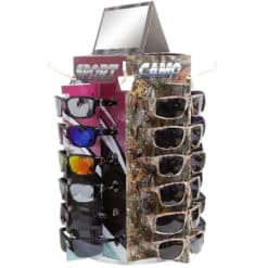 Unisex sport and camo sunglasses side of counter display.