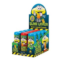 Toxic Waste Slime Licker 2.0 Candy display containing Blue Razz and Strawberry flavor bottles.