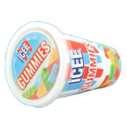 ICEE Gummies Cup on its side showing resealable lid. Cup contains multicolor gummy candy in citrus and berry fruity flavors that taste like the slushy drinks.