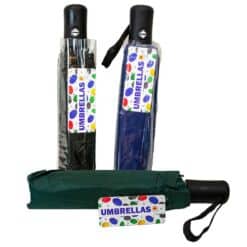 Polyester umbrella s in 3 colors of black, blue and green closed up in matching storage sleeves.