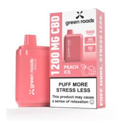 Green Roads Peach Ice 1200MG CBD Vape box and device.