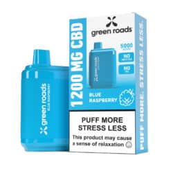 Green Roads Blue Raspberry 1200MG CBD Vape box and device.