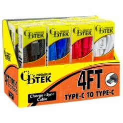 CBTEK Premium 4 foot Type C to Type C charging cables. Display shows cables come in 4 colors of solid black, bright red, white, and royal blue.