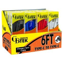 CBTEK Premium 6 foot Type C to Type C charging cables. Display shows cables come in 4 colors of solid black, bright red, white, and royal blue.