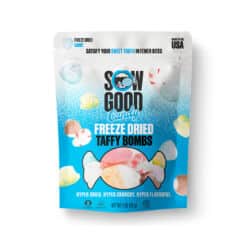 Taffy Bombs Freeze Dried Candy 1oz resealable bag front side each shown.