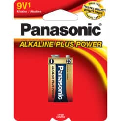 9 volt Panasonic Alkaline Plus Power Battery package shown.