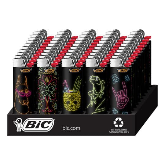 BIC Neon series Lighter in a display tray with 8 different designs. 