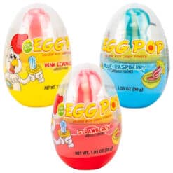 3 flavors of the Egg Pop Dip N Lik Candy shown - Strawberry, Blue Raspberry, and Pink Lemonade.