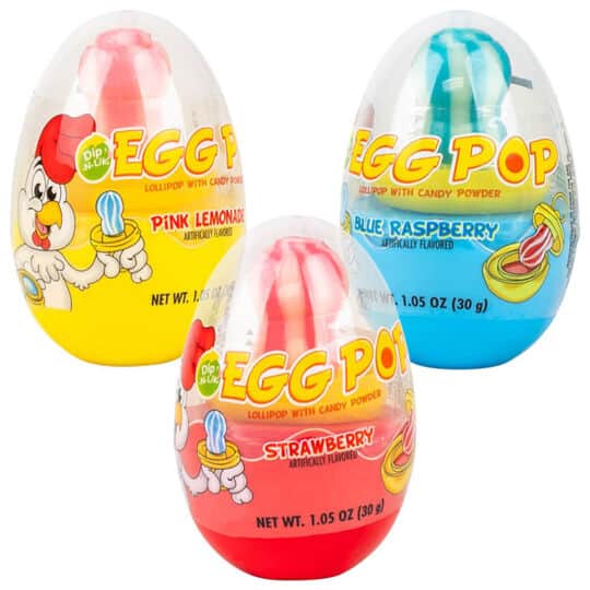 3 flavors of the Egg Pop Dip N Lik Candy shown - Strawberry, Blue Raspberry, and Pink Lemonade.