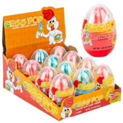 Egg Pop Dip-N-Lik Lollipop & Candy display contains 3 flavors of Strawberry, Blue Raspberry, and Pink Lemonade. 12 eaches per display. Shown at an angle.