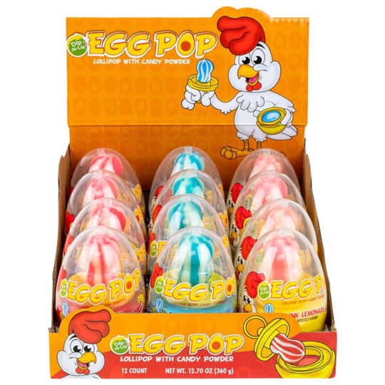 Egg Pop Dip-N-Lik Lollipop & Candy display contains 3 flavors of Strawberry, Blue Raspberry, and Pink Lemonade. Shows front with 12 eaches in a display.