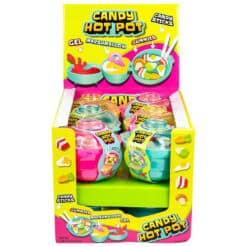 Candy Hot Pot display contains 3 color pots of hot pink, yellow and light blue with 12 pots per display. Front shown.