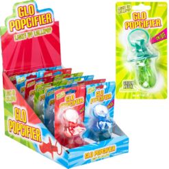 Glo Popcifier Lollipop display contains 3 flavors of Strawberry, Blue Raspberry, and Green Apple. 12 pacifiers per display. Shown at an angle.