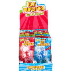 Glo Popcifier Lollipop display contains 3 flavors of Strawberry, Blue Raspberry, and Green Apple. 12 pacifiers per display. Front view shown.