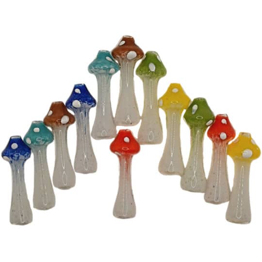 CHILLUM 3" DOUBLE FRIT MUSHROOM HEAD PIPES in an array of 12 solid color heads.